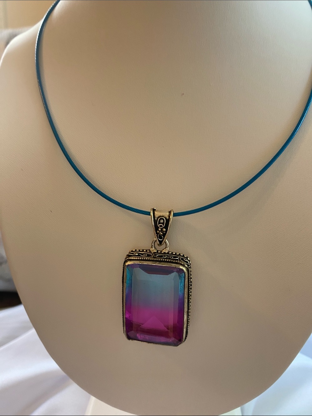 Blue and Purple Gradient Crystal Pendant Necklace with Teal Cord